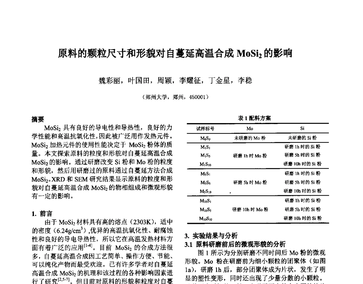 原料的颗粒尺寸和形貌对自蔓延高温合成MoSi2的影响 - 第六届国际耐火材料会议