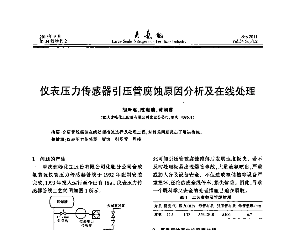 仪表压力传感器引压管腐蚀原因分析及在线处理 - 第二十届全国大型合成氨装置技术年会