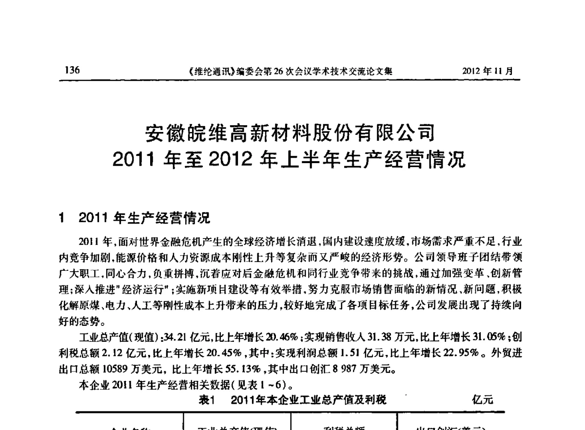 安徽皖维高新材料股份有限公司2011年至2012年上半年生产经营情况 - 《维纶通讯》编委会第二十六次会议暨学术技术交流会