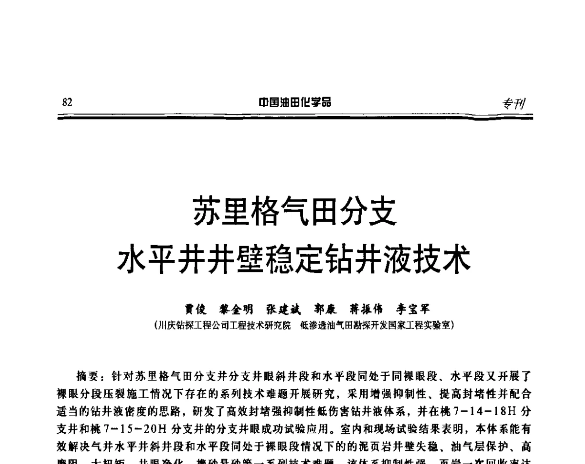 苏里格气田分支水平井井壁稳定钻井液技术 - 第十六届中国油田化学品开发应用研讨会