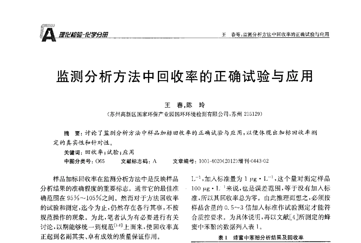 监测分析方法中回收率的正确试验与应用 - 全国理化测试学术研讨会暨《理化检验》创刊50周年大会