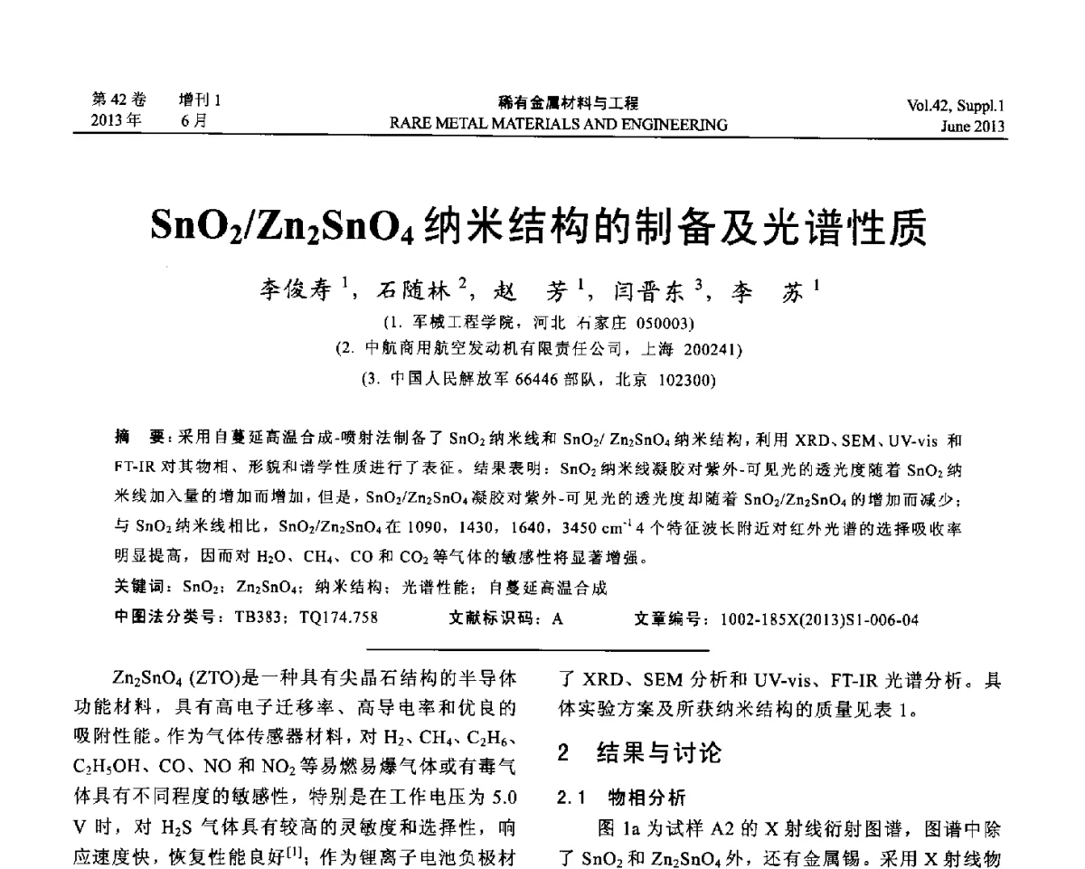 SnO2_Zn2SnO4纳米结构的制备及光谱性质 - 第十七届全国高技术陶瓷学术年会