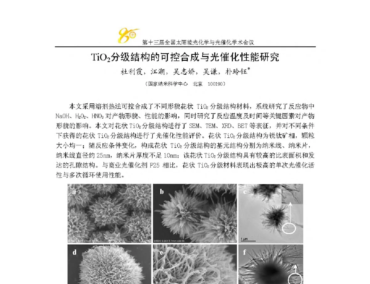 TiO2分级结构的可控合成与光催化性能研究 - 第十三届全国太阳能光化学与光催化学术会议