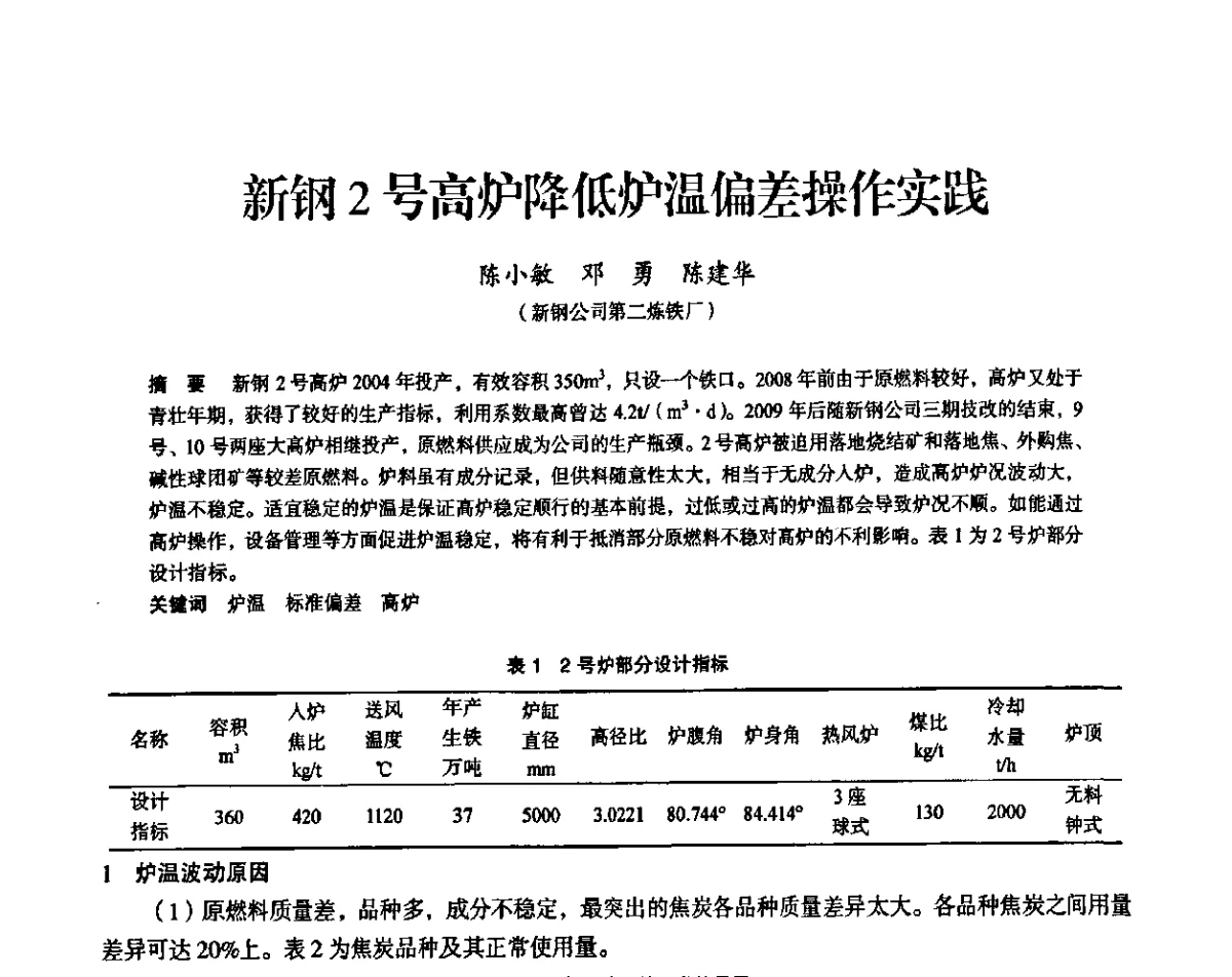 新钢2号高炉降低炉温偏差操作实践 - 2011全国中小高炉炼铁学术年会