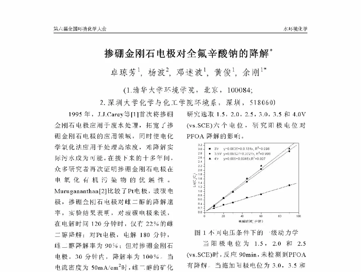 掺硼金刚石电极对全氟辛酸钠的降解 - 第六届全国环境化学学术大会