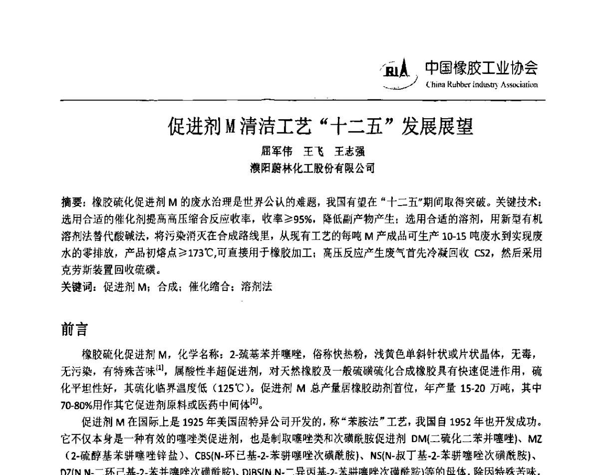 促进剂M清洁工艺“十二五”发展展望 - 2011中国橡胶年会