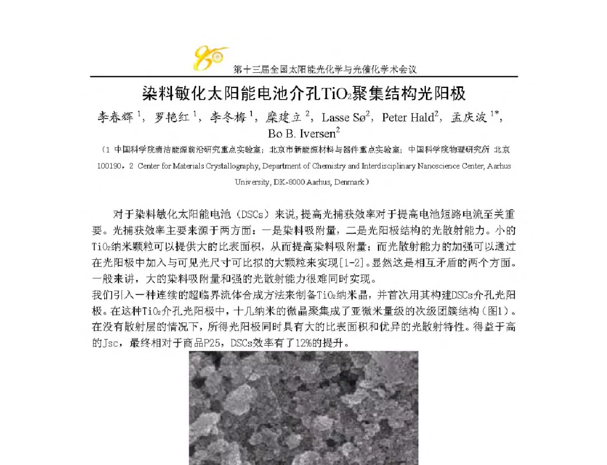 染料敏化太阳能电池介孔TiO2聚集结构光阳极 - 第十三届全国太阳能光化学与光催化学术会议