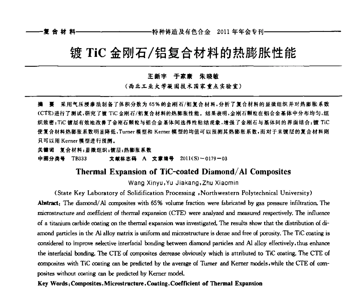 镀TiC金刚石_铝复合材料的热膨胀性能 - 第十三届全国特种铸造及有色合金学术年会、第七届全国铸造复合材料学术年会、2011年全国半固态加工技术及其应用高层论坛