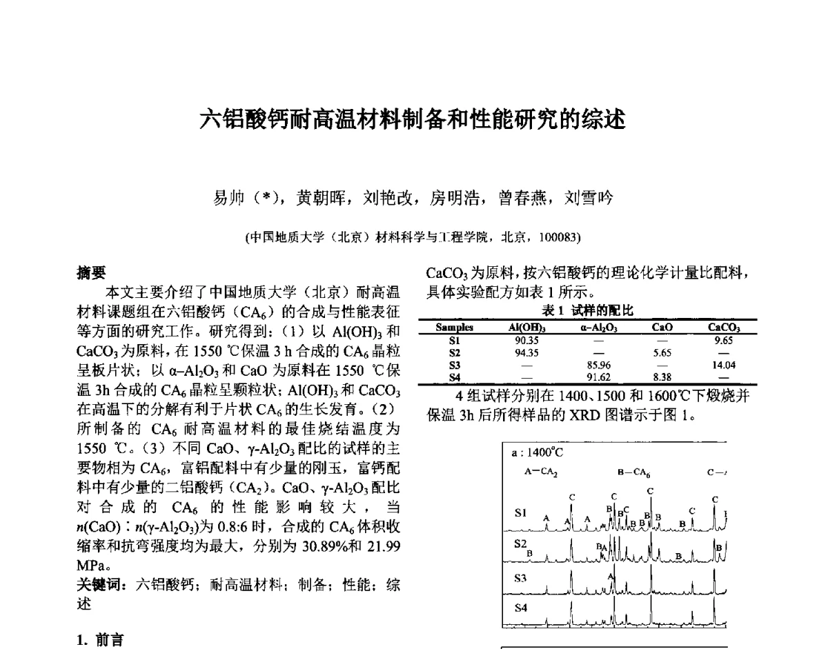 六铝酸钙耐高温材料制备和性能研究的综述 - 第六届国际耐火材料会议