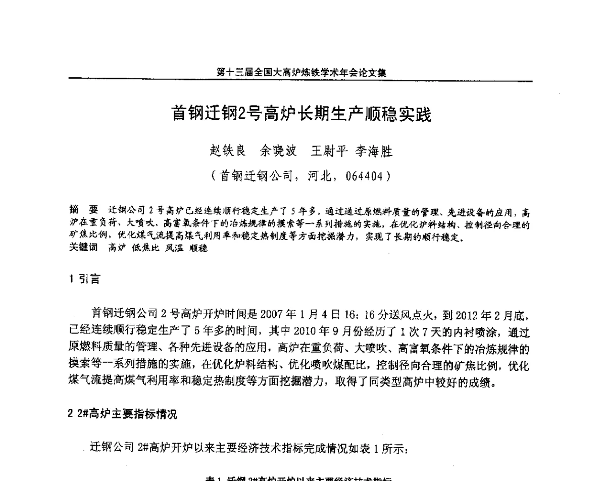 首钢迁钢2号高炉长期生产顺稳实践 - 第13届全国大高炉炼铁学术年会
