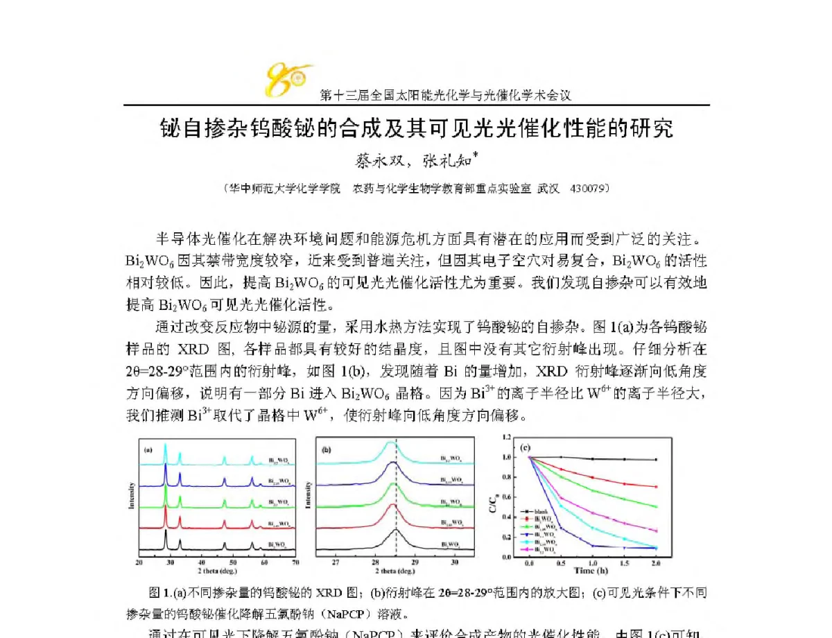 铋自掺杂钨酸铋的合成及其可见光光催化性能的研究 - 第十三届全国太阳能光化学与光催化学术会议