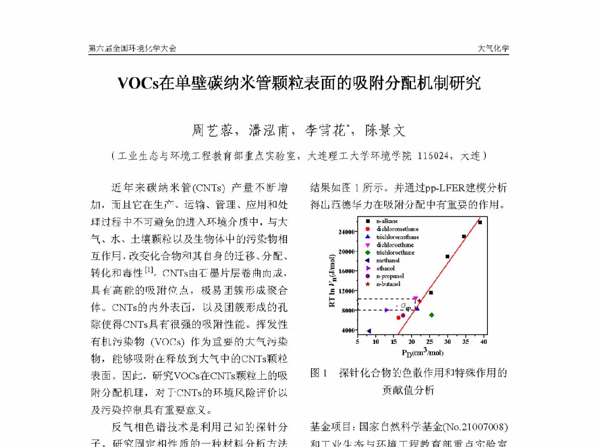 VOCs在单壁碳纳米管颗粒表面的吸附分配机制研究 - 第六届全国环境化学学术大会