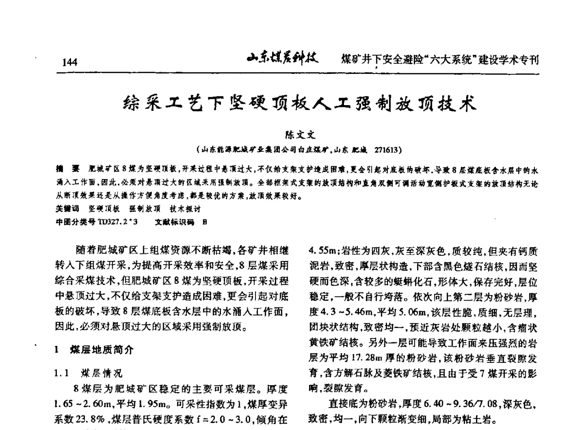 综采工艺下坚硬顶板人工强制放顶技术 - 山东煤炭学会2012年工作会议暨煤矿井下安全避险“六大系统”建设学术论坛