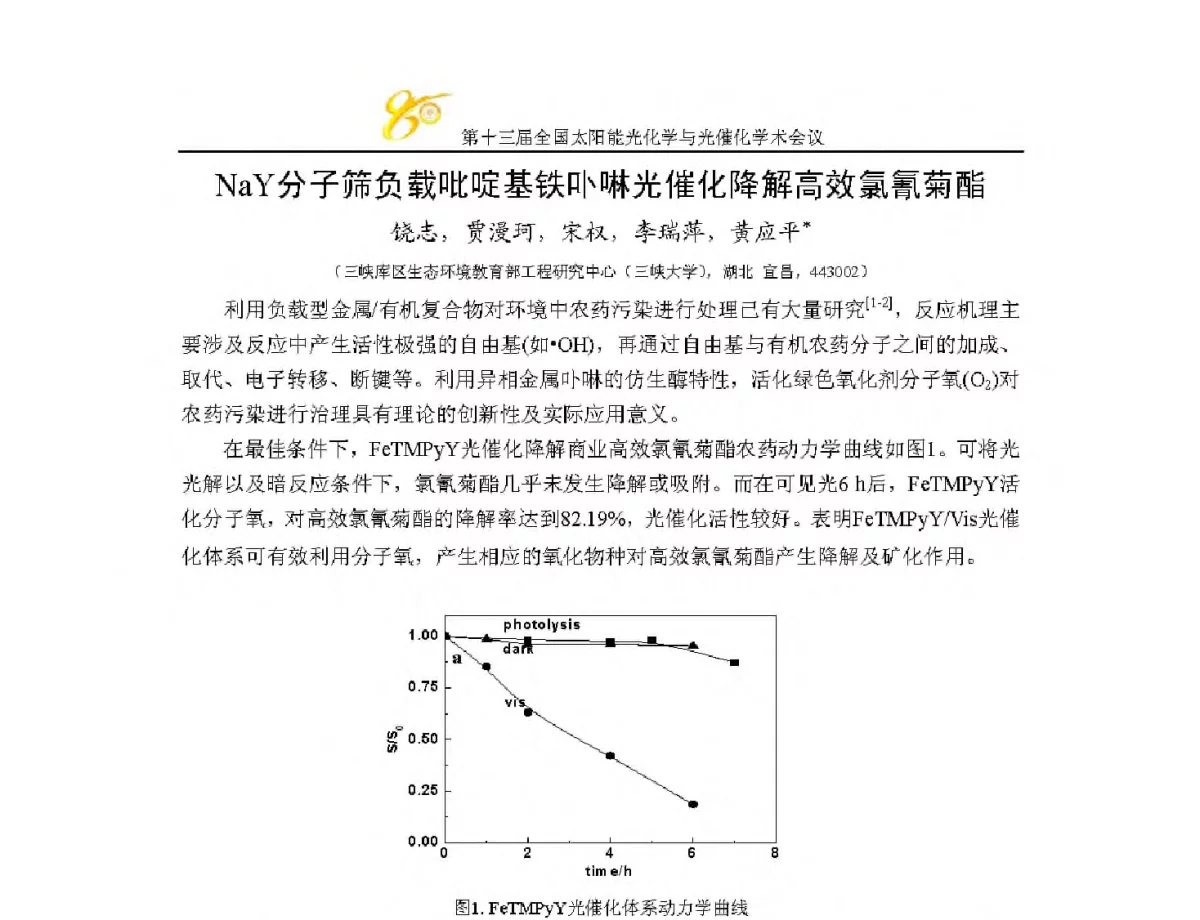 NaY分子筛负载吡啶基铁卟啉光催化降解高效氯氰菊酯 - 第十三届全国太阳能光化学与光催化学术会议
