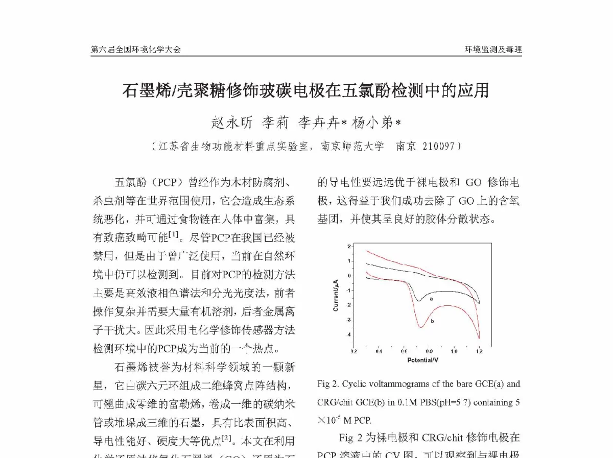 石墨烯_壳聚糖修饰玻碳电极在五氯酚检测中的应用 - 第六届全国环境化学学术大会