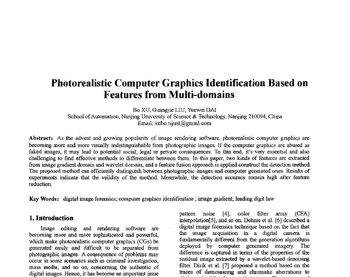 Photorealistic Computer Graphics Identification Based on Features from Multi-domains - 第十届全国信息隐藏暨多媒体信息安全学术大会CIHW2012