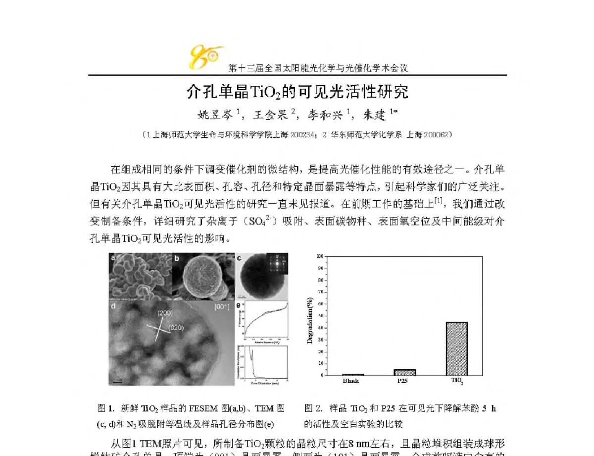 介孔单晶TiO2的可见光活性研究 - 第十三届全国太阳能光化学与光催化学术会议