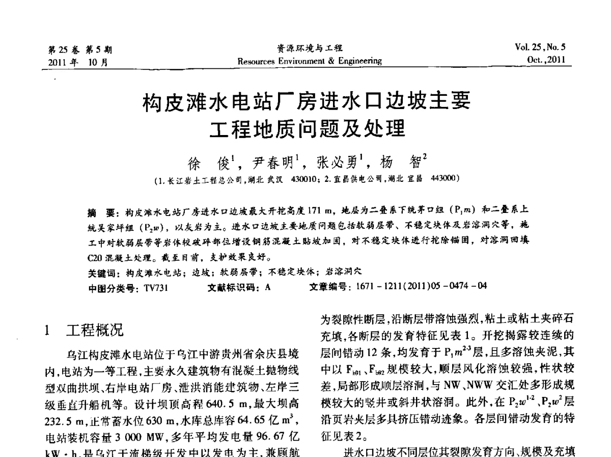 构皮滩水电站厂房进水口边坡主要工程地质问题及处理 - 2011年中国水利学会勘测专业委员会年会暨学术交流会