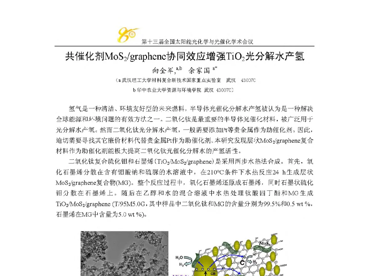共催化剂MoS2_graphene协同效应增强TiO2光分解水产氢 - 第十三届全国太阳能光化学与光催化学术会议