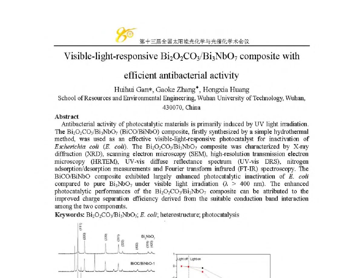 Visible-light-responsive Bi2O2CO3_Bi3NbO7 composite with efficient antibacterial activity - 第十三届全国太阳能光化学与光催化学术会议
