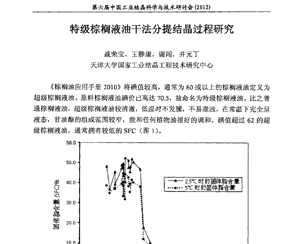 特级棕榈液油干法分提结晶过程研究 - 第六届中国工业结晶科学与技术研讨会(2012)
