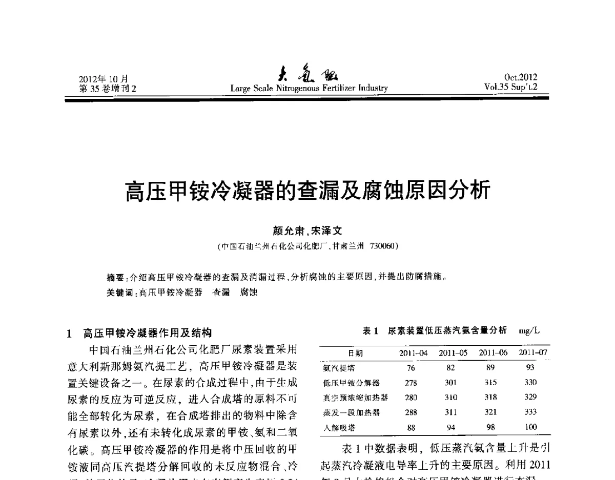 高压甲铵冷凝器的查漏及腐蚀原因分析 - 第十七届全国大型尿素装置技术年会