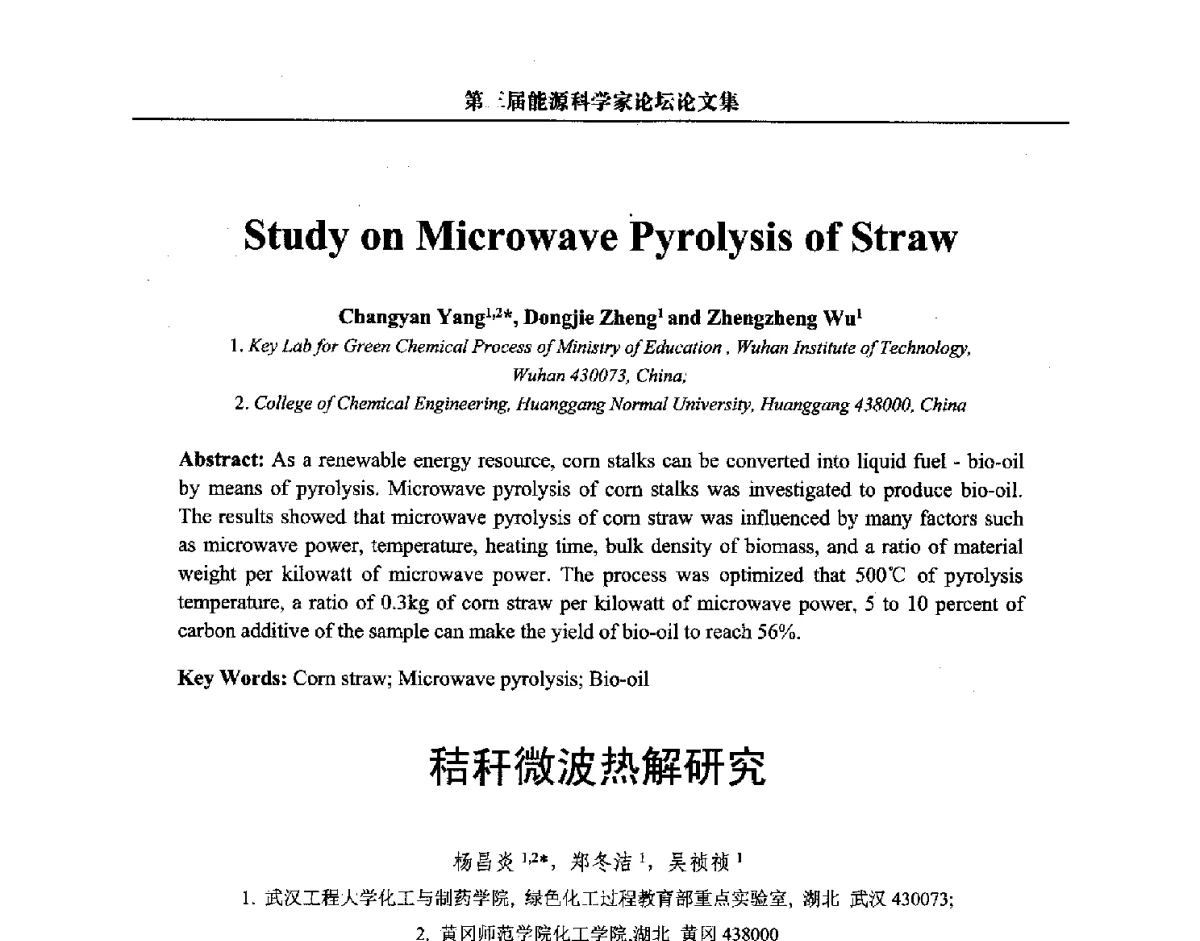 秸秆微波热解研究 - 第三届中国能源科学家论坛