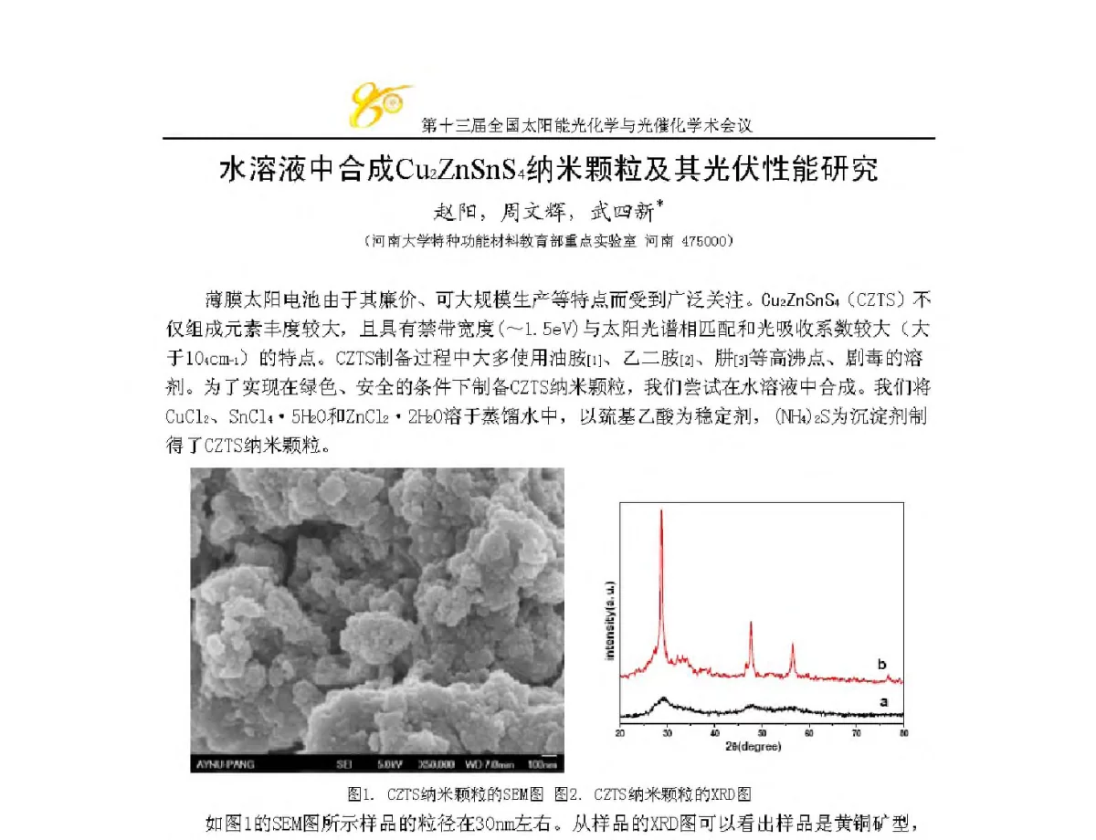 水溶液中合成Cu2ZnSnS4纳米颗粒及其光伏性能研究 - 第十三届全国太阳能光化学与光催化学术会议