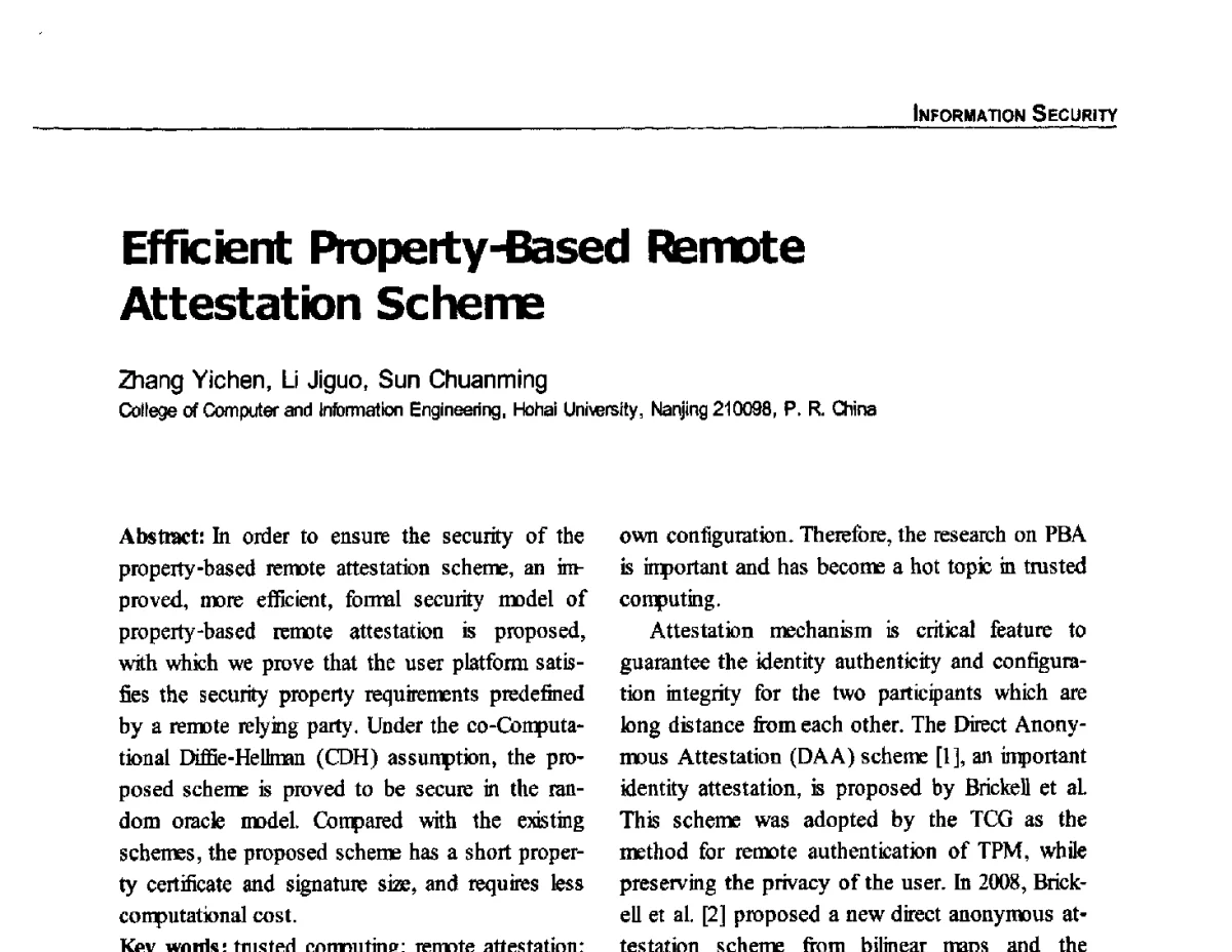 Efficient Property-Based Remote Attestation Scheme - 第六届中国可信计算与信息安全学术会议