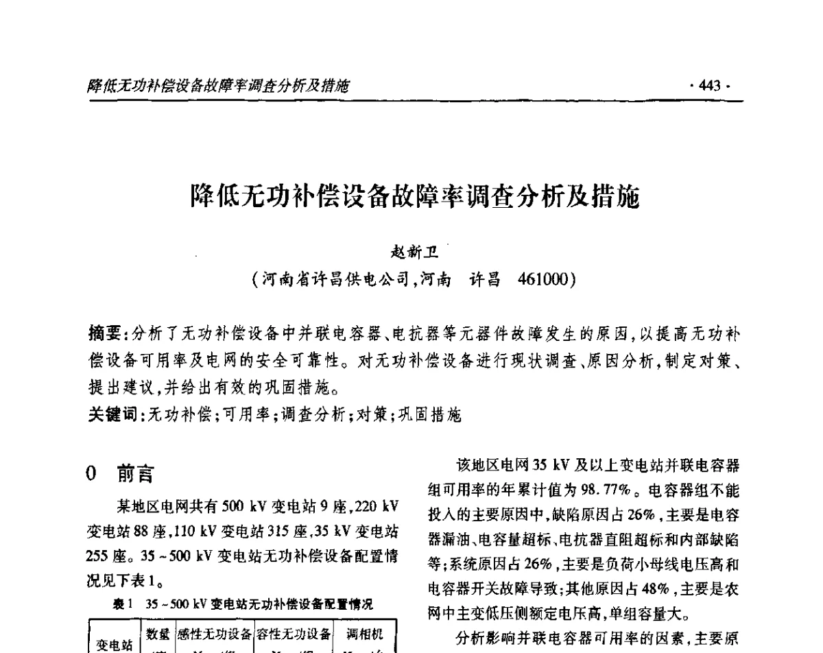 降低无功补偿设备故障率调查分析及措施 - 2011输变电年会