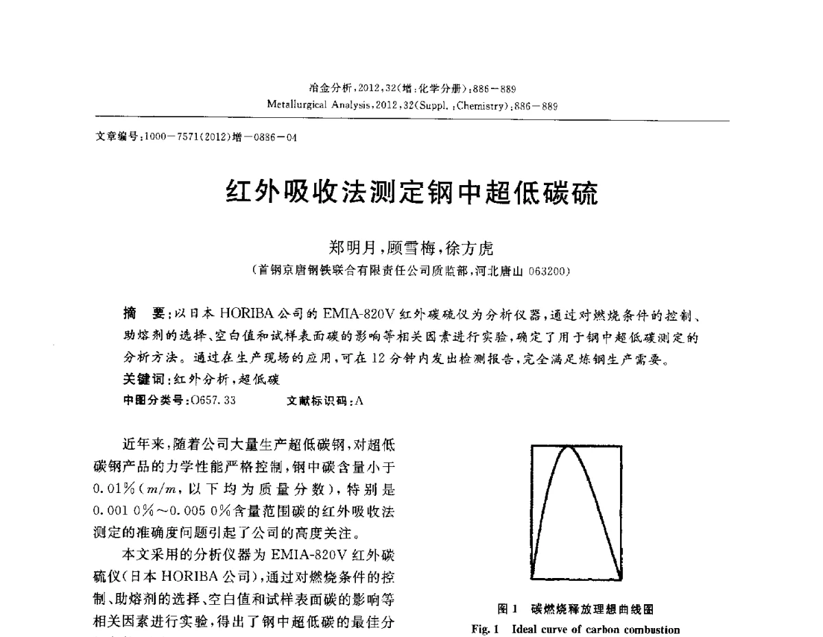 红外吸收法测定钢中超低碳硫 - 2012国际冶金及材料分析测试学术报告会(CCATM2012)