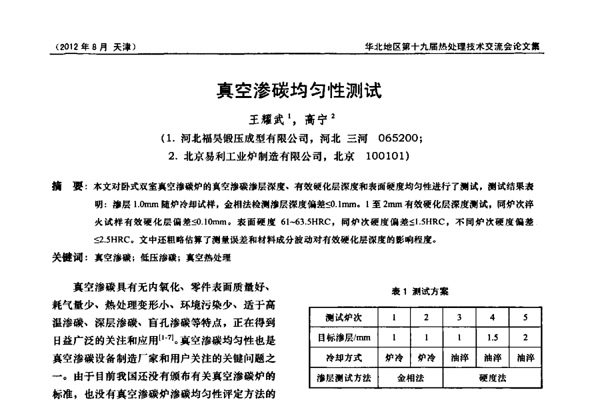 真空渗碳均匀性测试 - 华北地区第十九届热处理技术交流会暨天津市热处理学会第十二届学术年会