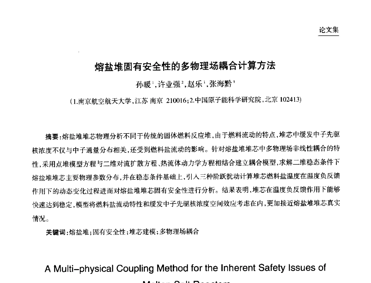 熔盐堆固有安全性的多物理场耦合计算方法 - 第九届中国核学会“核科技、核应用、核经济(三核)”论坛