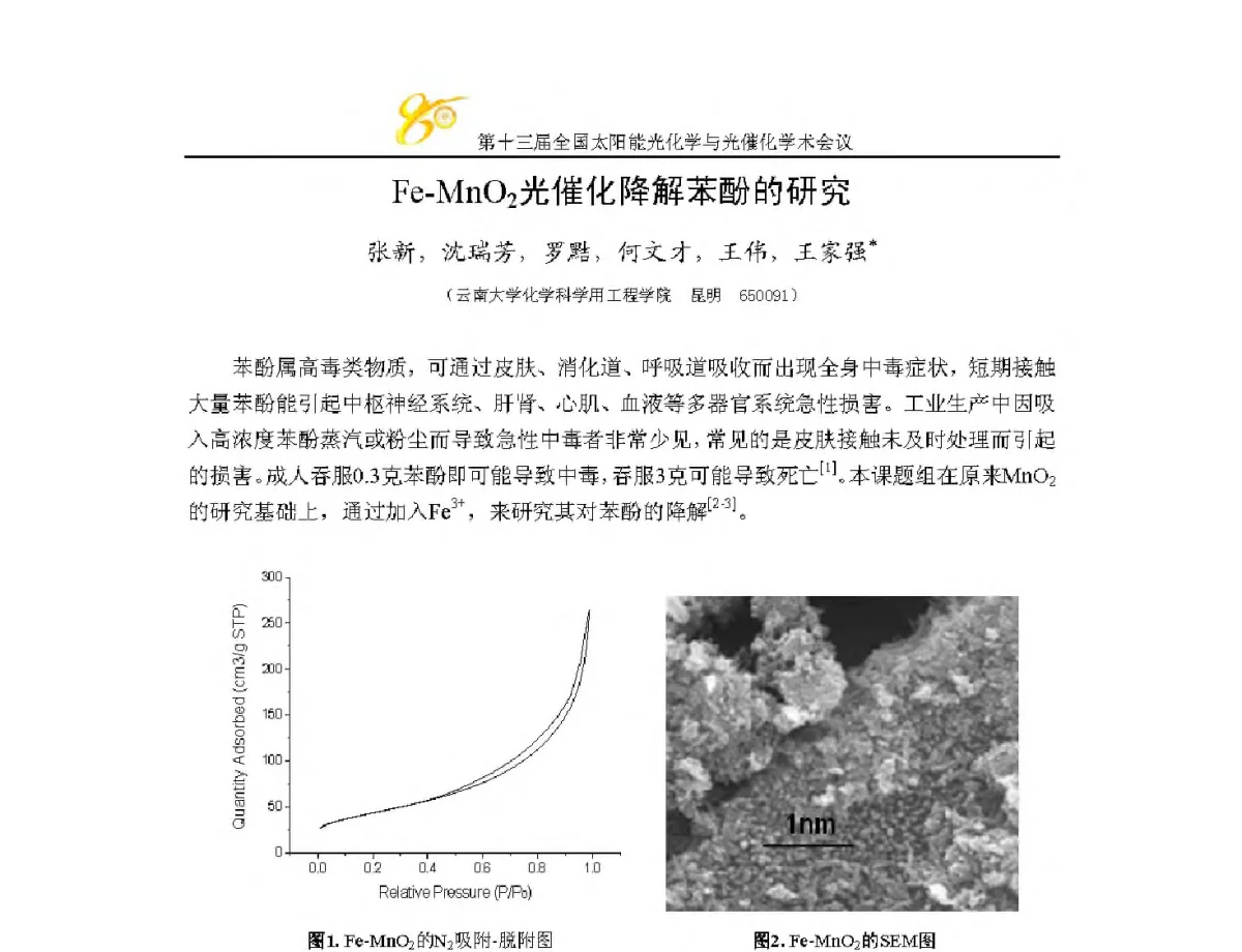 Fe-MnO2光催化降解苯酚的研究 - 第十三届全国太阳能光化学与光催化学术会议