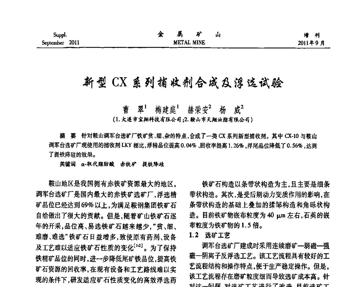 新型CX系列捕收剂合成及浮选试验 - 2011全国选矿学术高层论坛