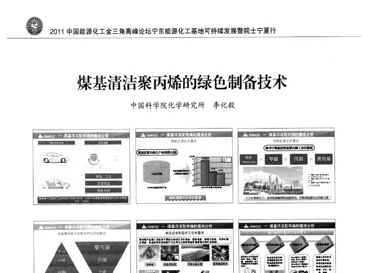 煤基清洁聚丙烯的绿色制备技术 - 2011中国能源化工金三角高峰论坛