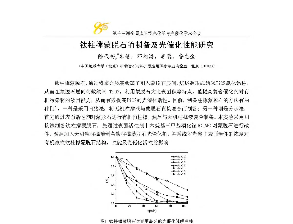 钛柱撑蒙脱石的制备及光催化性能研究 - 第十三届全国太阳能光化学与光催化学术会议