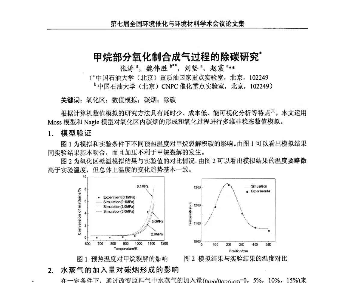 甲烷部分氧化制合成气过程的除碳研究 - 第七届全国环境催化与环境材料学术会议