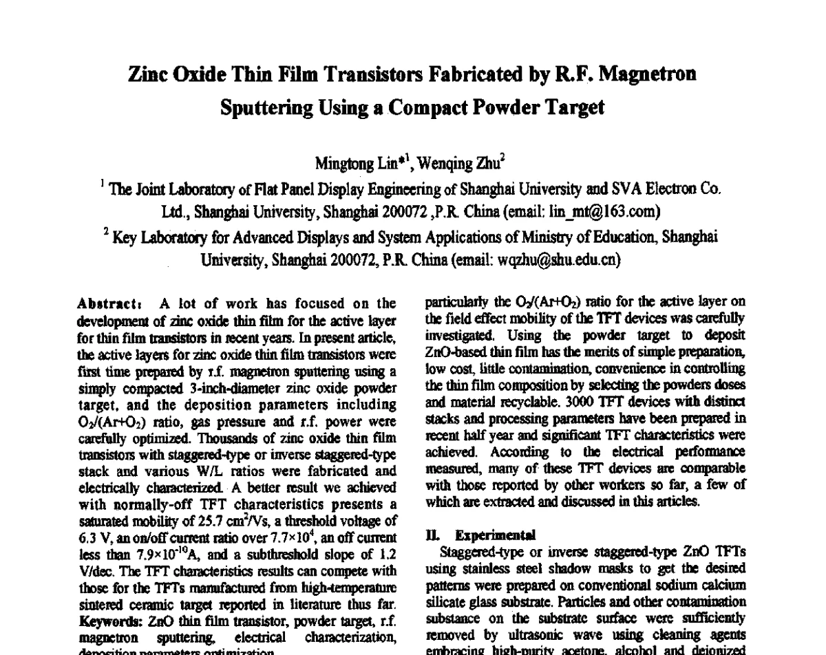 Zinc Oxide Thin Film Transistors Fabricated by R.F. Magnetron Sputtering Using a Compact Powder Target - 2012中国平板显示学术会议