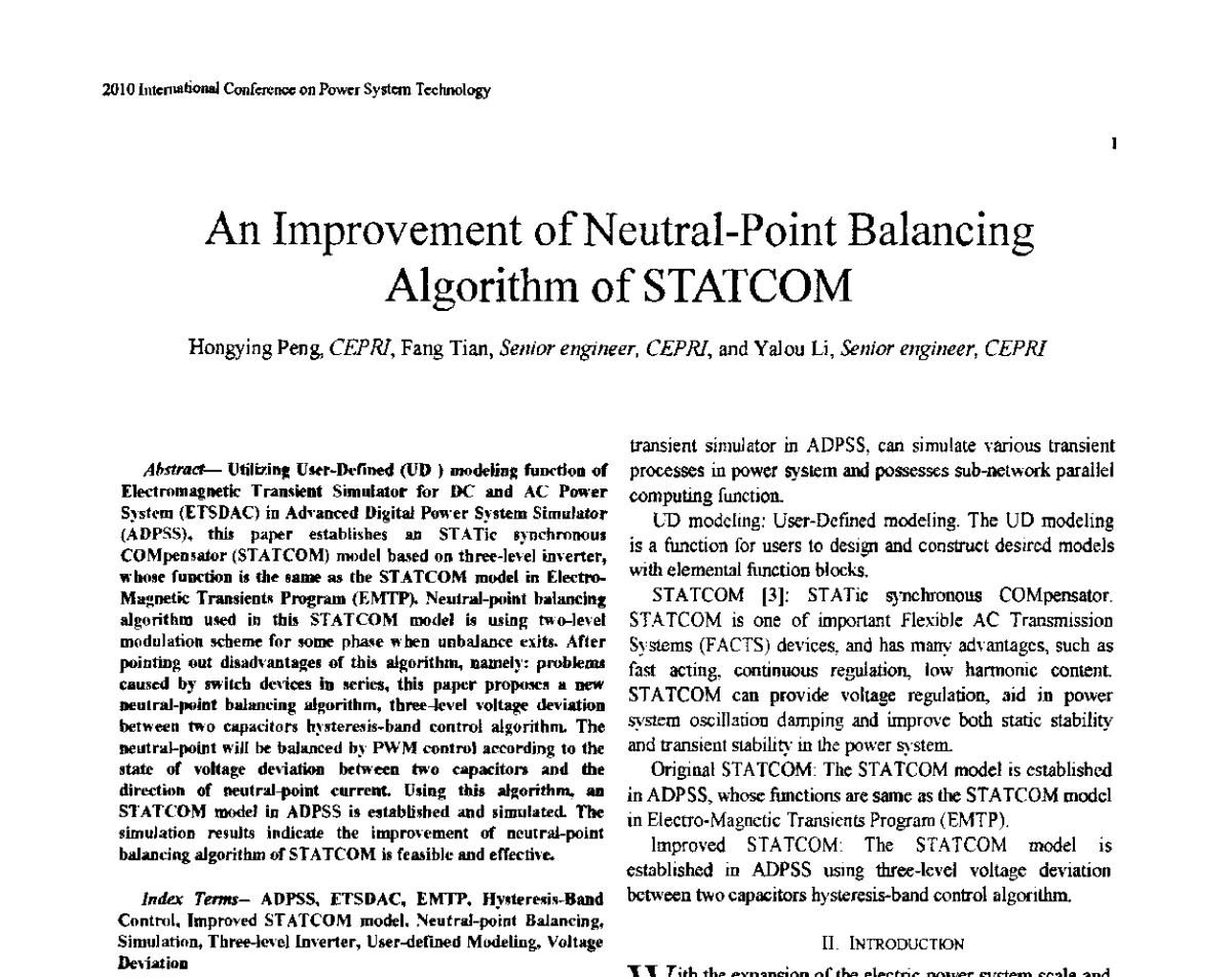 An Improvement of Neutral-Point Balancing Algorithm of STATCOM - 2012年电力系统实时仿真技术交流会议