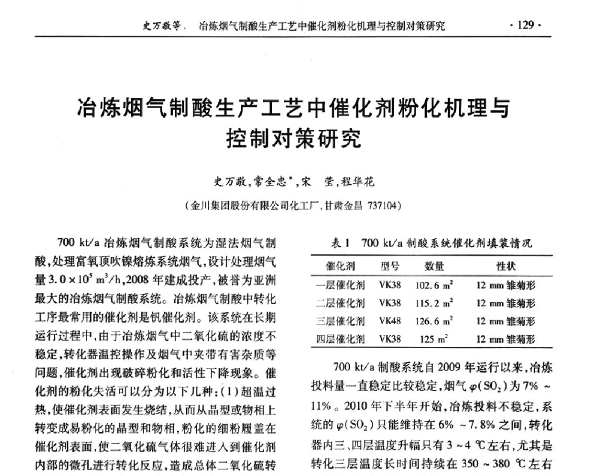冶炼烟气制酸生产工艺中催化剂粉化机理与控制对策研究 - 第32届全国硫酸工业技术交流会