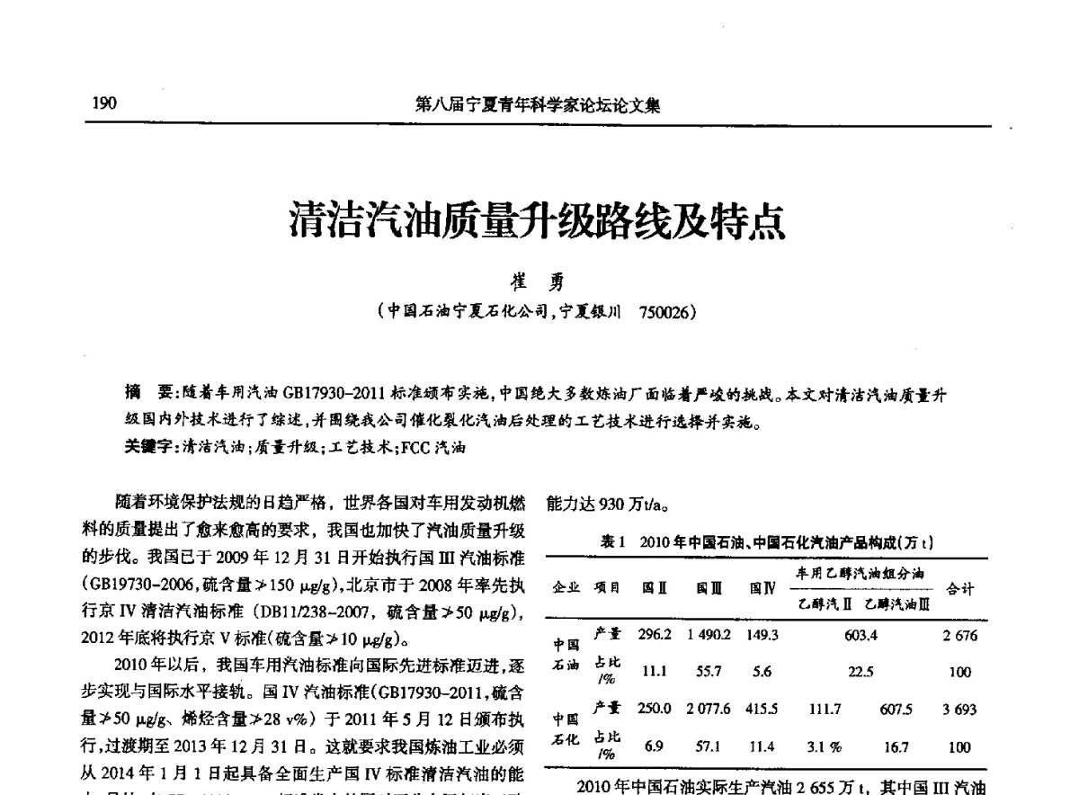 清洁汽油质量升级路线及特点 - 第八届宁夏青年科学家论坛石化专题论坛