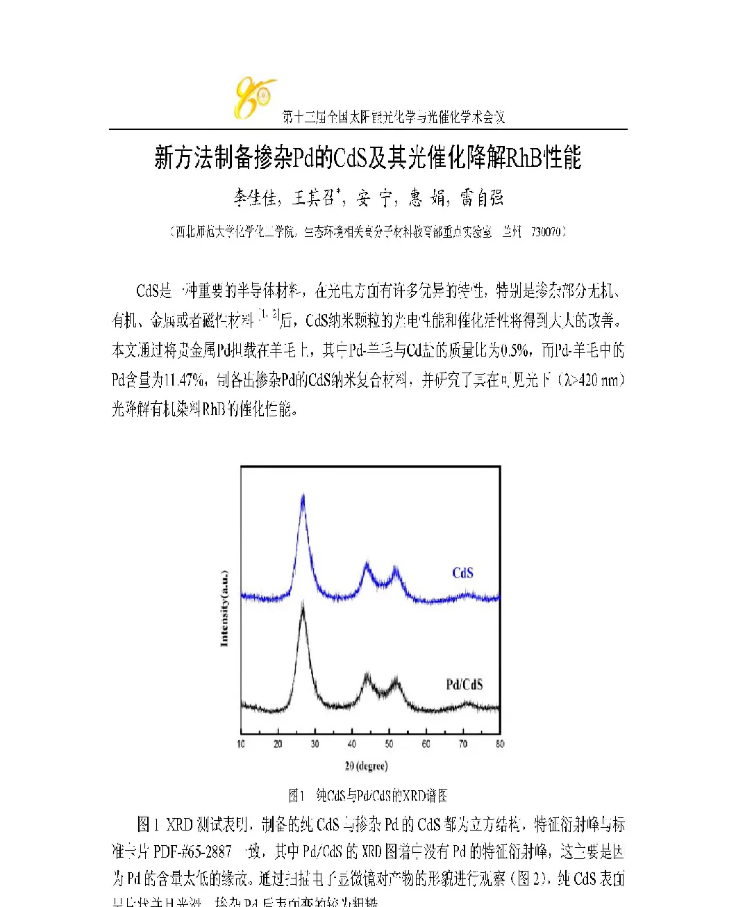 新方法制备掺杂Pd的CdS及其光催化降解RhB性能 - 第十三届全国太阳能光化学与光催化学术会议