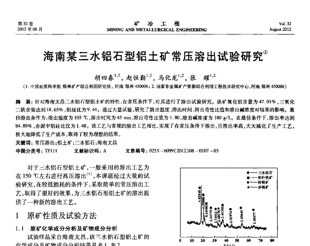 海南某三水铝石型铝土矿常压溶出试验研究 - 第六届全国选矿专业学术年会