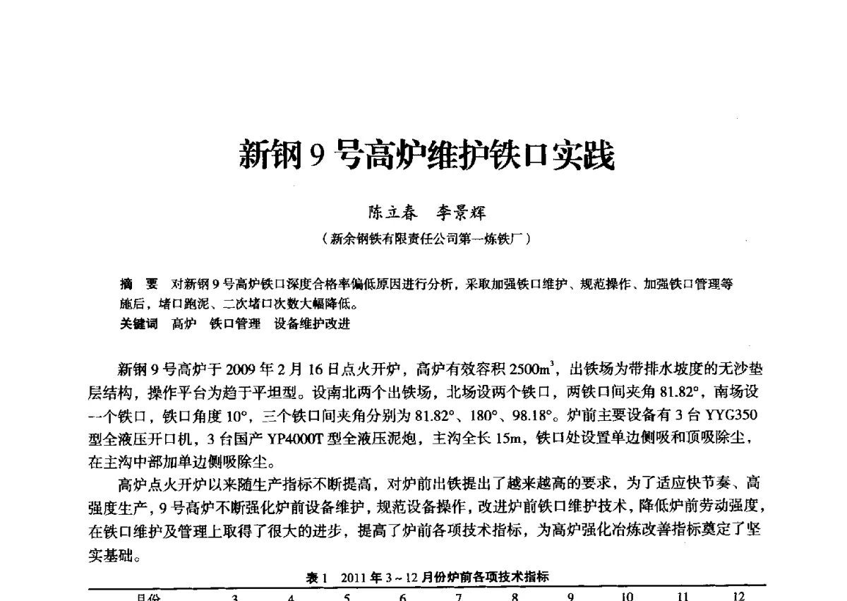 新钢9号高炉维护铁口实践 - 2012年全国中小高炉炼铁学术年会