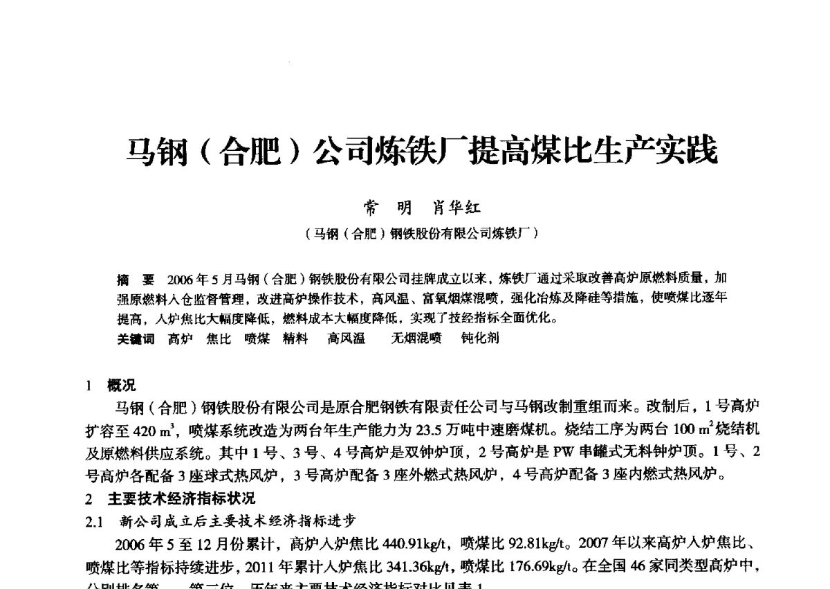 马钢(合肥)公司炼铁厂提高煤比生产实践 - 2012年全国中小高炉炼铁学术年会