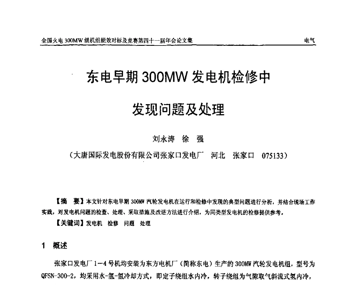 东电早期300MW发电机检修中发现问题及处理 - 全国火电300MW级机组能效对标及竞赛第四十一届年会