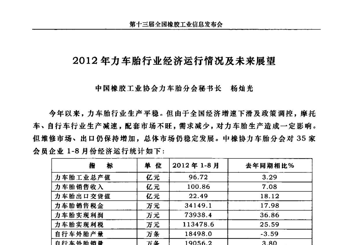 2012年力车胎行业经济运行情况及未来展望 - 第十三届全国橡胶工业信息发布会暨加快高新技术应用实现转型发展论坛