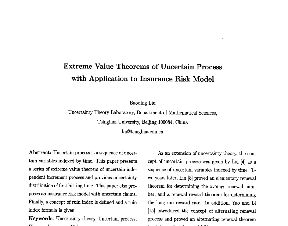 Extreme Value Theorems of Uncertain Process with Application to Insurance Risk Model - 第六届中国智能计算大会