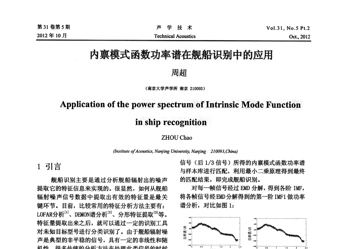 内禀模式函数功率谱在舰船识别中的应用 - 2012年度全国物理声学会议